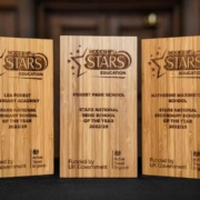 Three Modeshift STARS School Awards stand on table. Wooden awards with stars engraved.