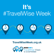 It's #TravelWise Week graphic. STARS people are shown in map pin pointers travelling actively - walking, wheeling and using public transport. TravelWiseWeek.org.uk