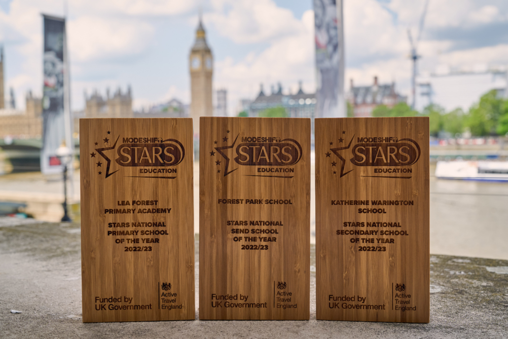 Three wooden award trophies on a table, big ben and London skyline can be seen in background.