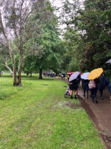 students holding umbrellas walking in the rain on a path next to grass and trees